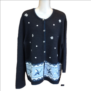 Northern Reflections Blue Knit Embroidered Birds Snow Flake Cardigan XL Sweater